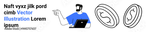Man working on a laptop, gesturing towards floating dollar coins. Ideal for finance, digital economy, remote work, investment, online business, fintech cryptocurrency themes. Perfect flat landing
