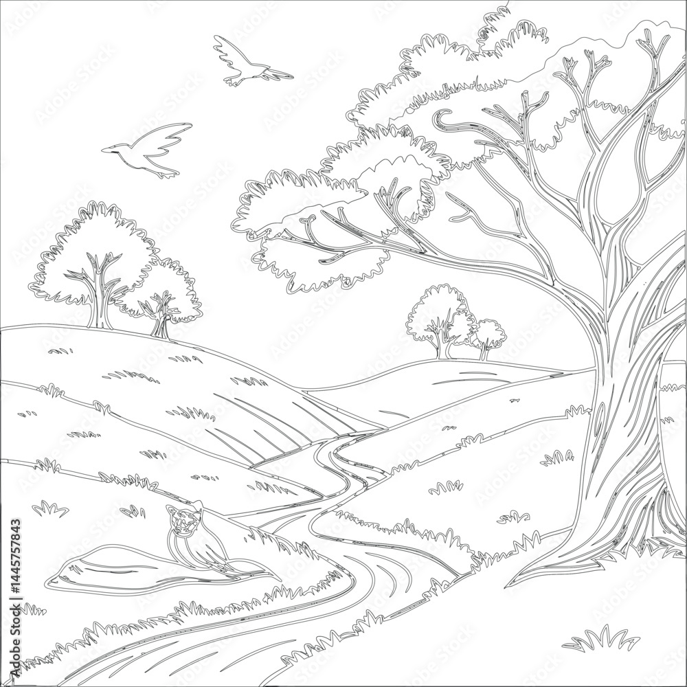 Fototapeta premium Hand-drawn vector landscape for coloring book layered illustration design