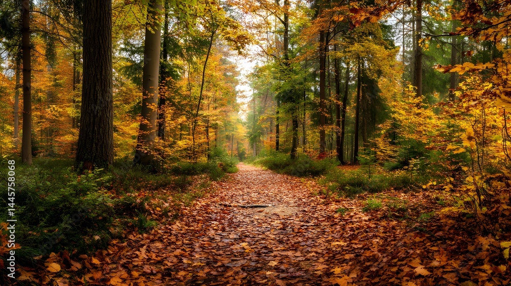 Obraz premium A path covered in fallen leaves winding through a forest in the peak of autumn colors and foliage