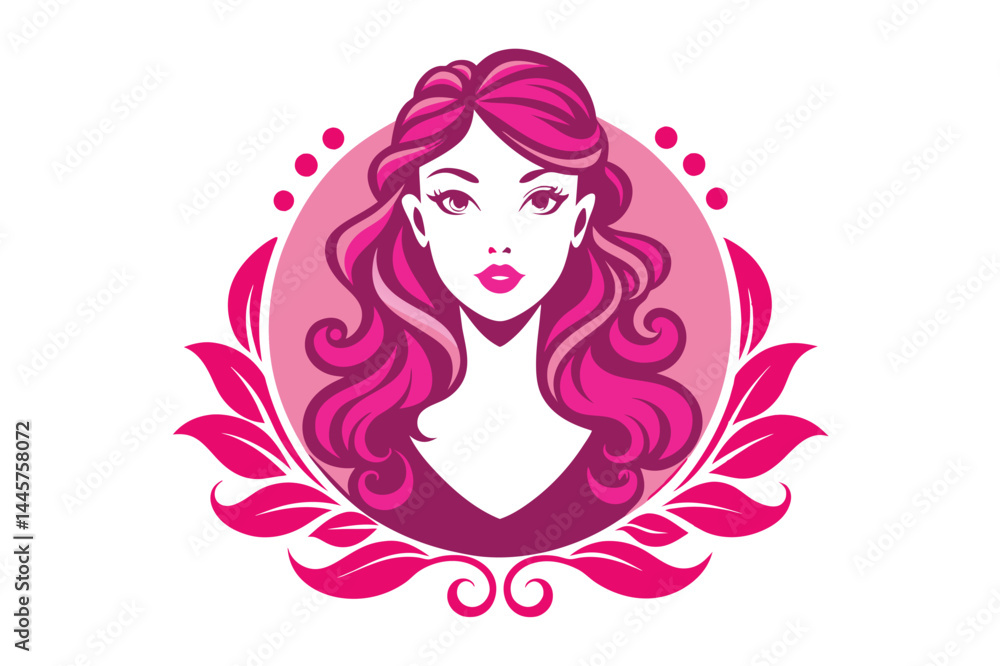 This artwork features a woman with striking pink hair, elegantly framed by leafy motifs and circles that enhance her captivating expression and style. This artwork features a woman with striking pink hair, elegantly framed by leafy motifs and circles that enhance her captivating expression and style.