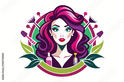 This stunning illustration features a woman with bold, vibrant hair and striking makeup, complemented by various beauty tools, embodying the spirit of creativity in cosmetics.