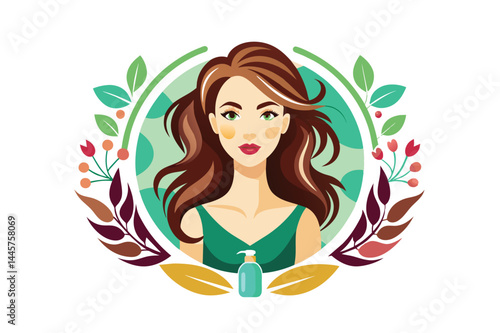 A woman with long, wavy hair gazes calmly, framed by lush greenery and decorative elements, capturing a sense of tranquility and beauty in nature.