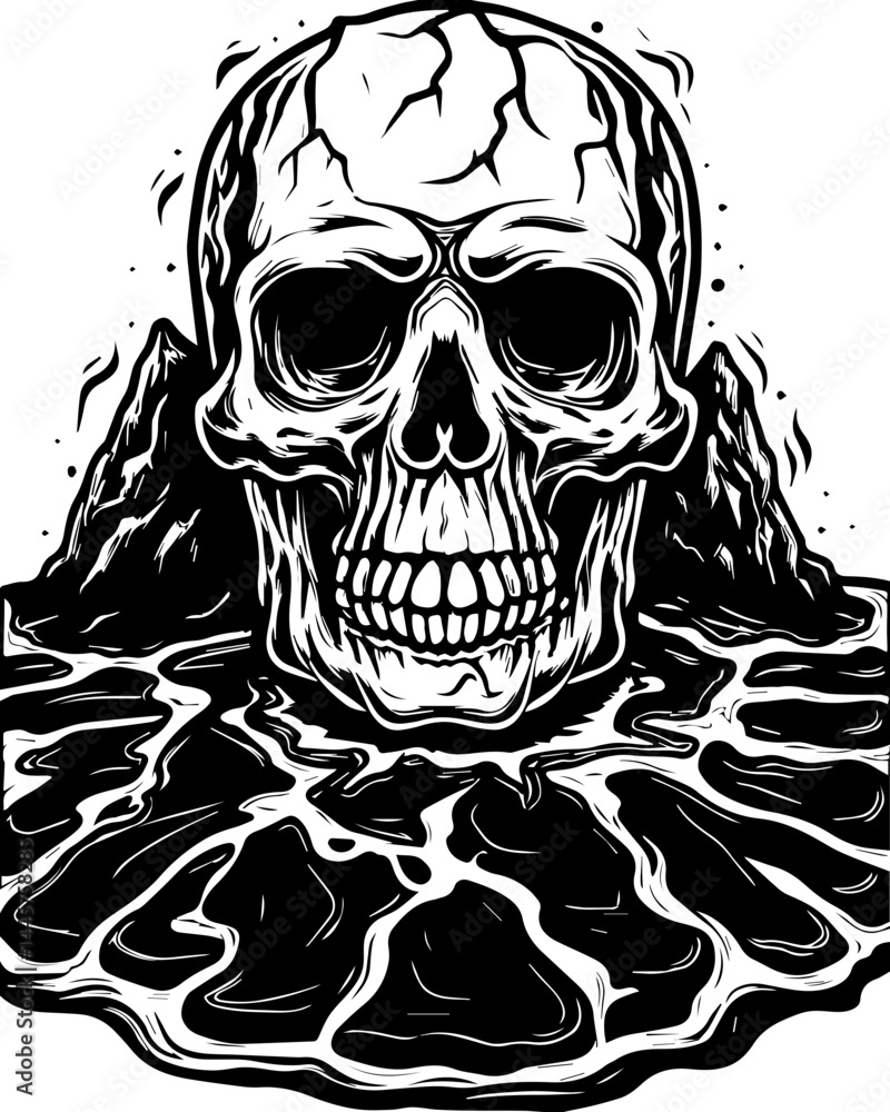 Fototapeta premium Cracked skulls with hellish themes illustrated in SVG vector style. Skull Art Design with Mountains and Liquid Elements in Black and White