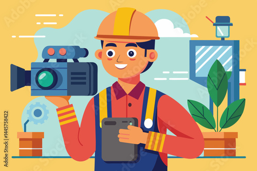 A worker wearing a hard hat smiles while holding a camera in one hand and a tablet in the other, set against a backdrop of equipment and greenery.