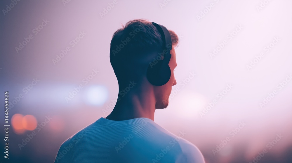 A man wearing headphones in a vibrant setting enjoying music during an evening outdoor festival.