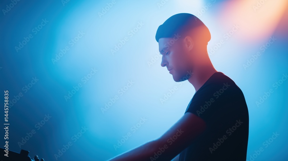 Music DJ performing on stage during live electronic music concert at night.