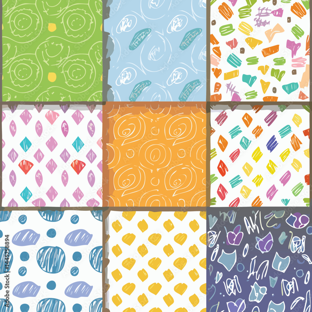 Fototapeta premium Fun and Whimsical Children’s Crayon Doodle Patterns – Seamless Background Set