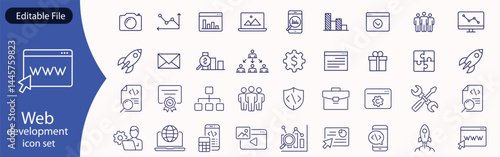Web development set of web icons in line style. Developer icons for web and mobile app. Code, api, programmer coding, app, flow, node connect, web coder, bug fix and more. Vector illustration