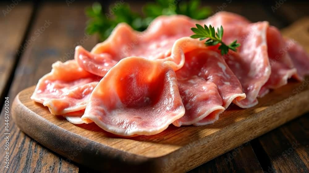 Thinly sliced prosciutto on wooden cutting board with parsley garnish, natural rustic background. Concept of gourmet food and charcuterie Thinly sliced prosciutto on wooden cutting board with parsley garnish, natural rustic background. Concept of gourmet food and charcuterie