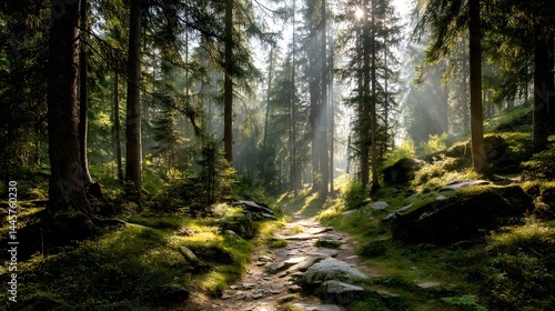 Sunlight streaming through tall trees illuminating a path in a dense green forest landscape view