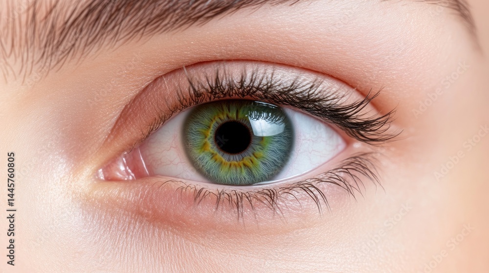 Obraz premium Close-up of a human eye with green iris, detailed view of eyelashes and eyebrow, natural light highlighting the texture, and health and beauty concept.
