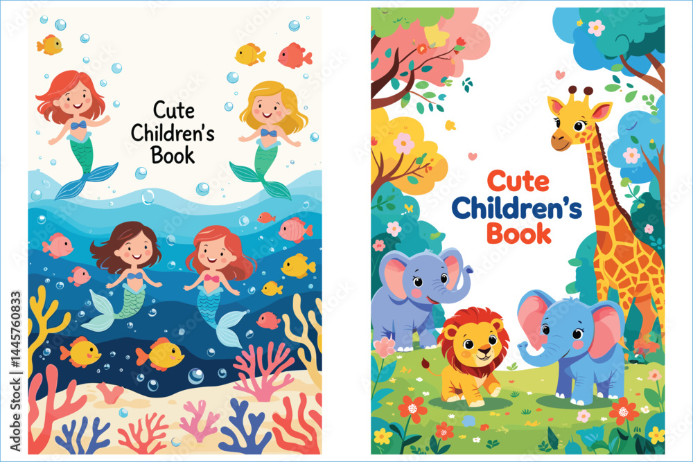 Fototapeta premium Colorful Children Book Cover Illustrations Mermaids And Safari Animals Vector Design