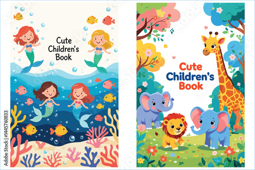 Colorful Children Book Cover Illustrations Mermaids And Safari Animals Vector Design