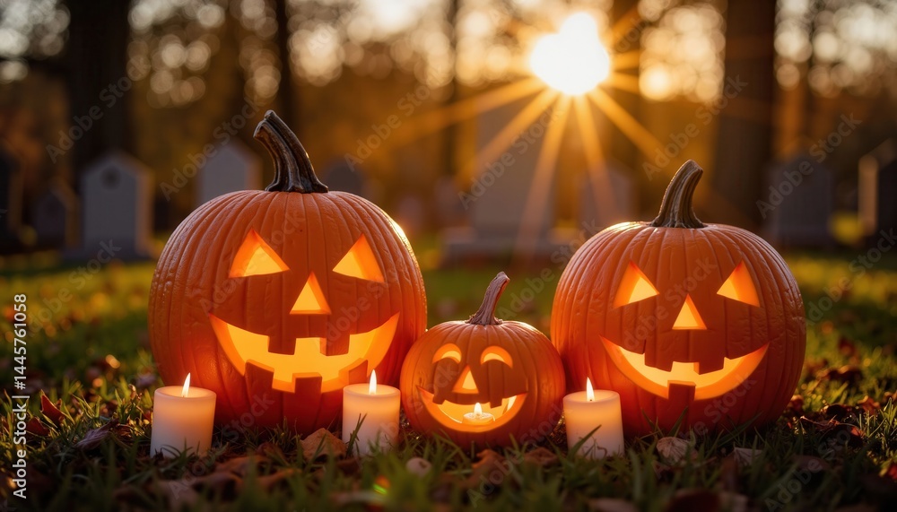 Glowing jack-o'-lanterns in peaceful cemetery at sunset, Halloween ambiance Glowing jack-o'-lanterns in peaceful cemetery at sunset, Halloween ambiance