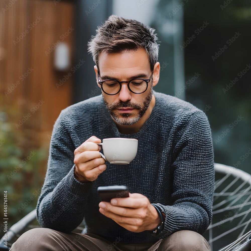 Man with glasses holding a cup and looking at a smartphone while sitting in a chair outdoors Man with glasses holding a cup and looking at a smartphone while sitting in a chair outdoors