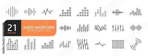 Set of line icons related to frequency audio waveform, equalizer music,electronic signal, voice recording and more. Outline icons collection. Editable stroke. Vector illustration.