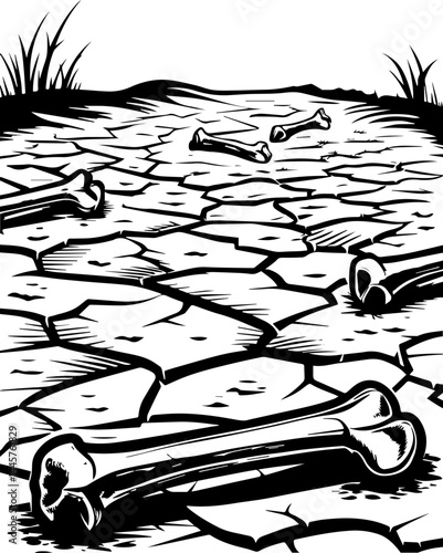 Haunted landscapes with a dark atmosphere, rendered in SVG vector format. Dry Ground with Animal Bones, Cracked Earth, Desert Landscape