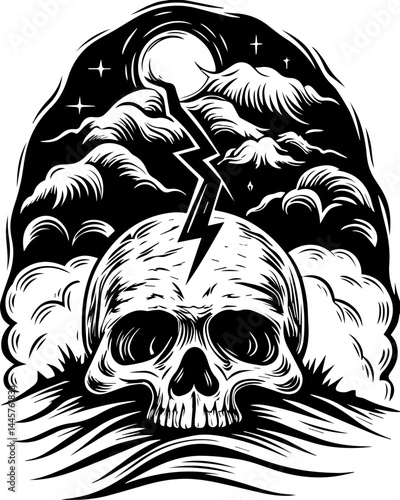 Haunted landscapes with a dark atmosphere, rendered in SVG vector format. Dramatic Skull Art with Lightning and Clouds in Black and White Style