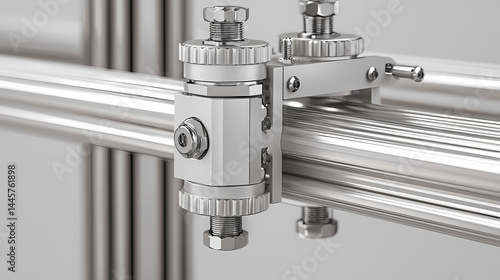 A close-up of a shiny metal linear rail system with precision mechanical components and bolts.