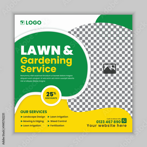 Creative Garden Maintenance and Lawn Care Social Media Post Design Template, web banner for Lawn Mower gardening service, Agriculture farming concept  online post flyer design