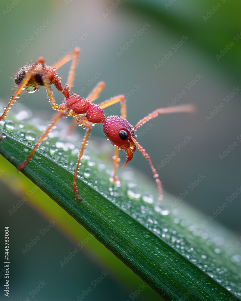 Fototapeta premium Red ant covered with water droplets walking on green leaf with dew in natural environment, showing detailed closeup of insect and fresh morning atmosphere