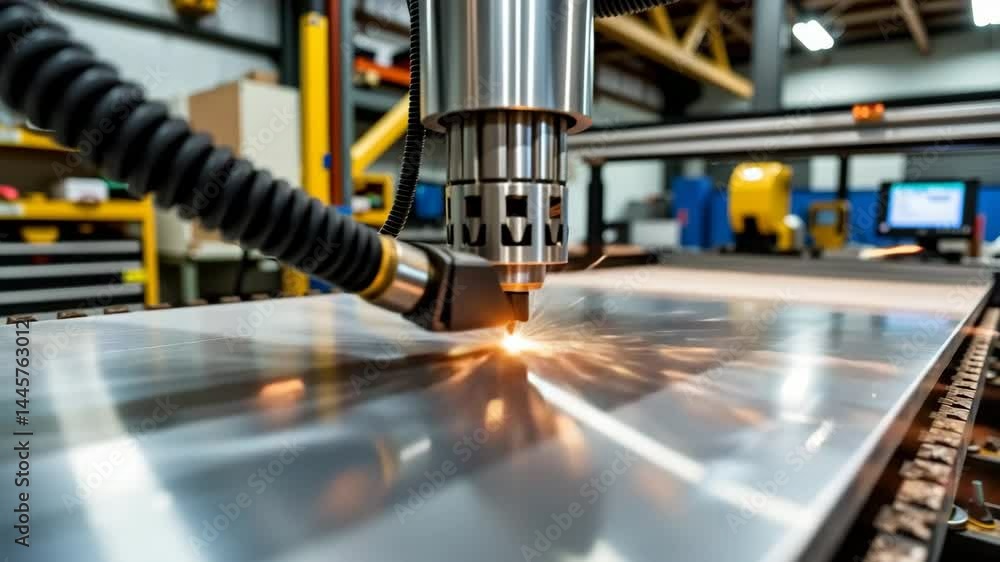 A CNC laser cutting machine slices through a metal sheet, creating bright sparks in a modern industrial workshop.