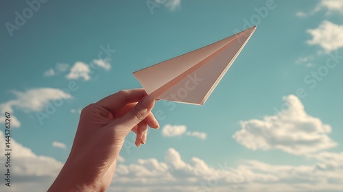 A hand holding a paper airplane against a blue sky with scattered white clouds in the background