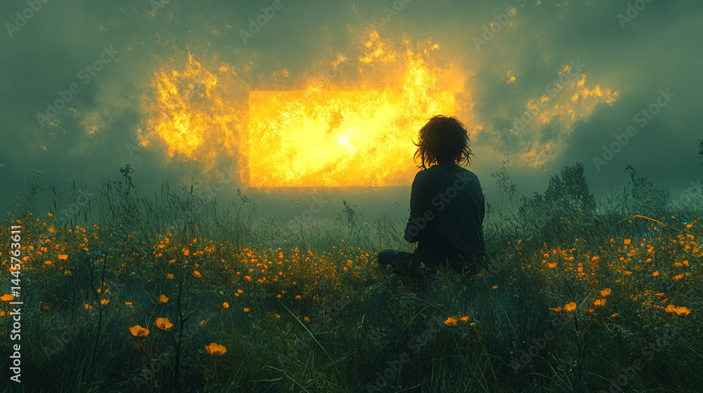 Obraz premium Person watching wildfire burning field at sunset