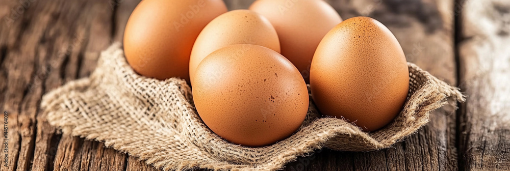 Brown eggs nestled in burlap on rustic wood surface Generative AI