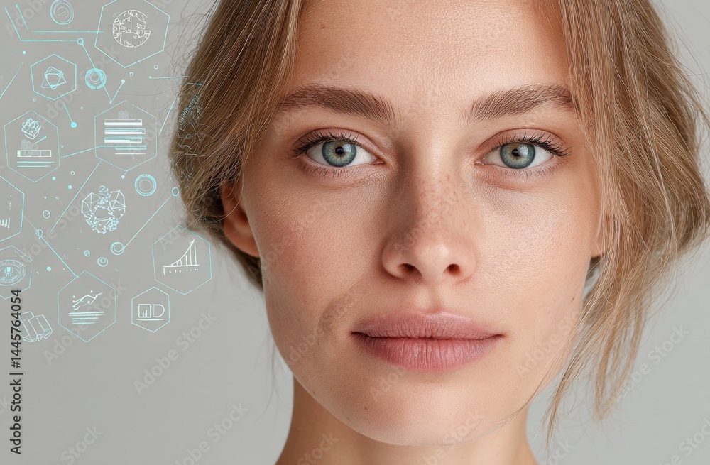 Fototapeta premium Woman Visualizes Data: Charts, Graphs, and Progress, Reflecting Innovation and Future Trends.