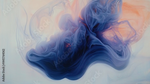 Abstract Fluid Art with Indigo & Peach Volumetric Smoke: Dynamic Atmospheric Painting on White Background for Digital Wall Decor, Branding Visuals, Modern Abstract Expressionism