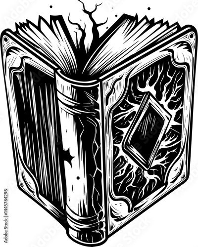 Dark Fantasy skull elements in SVG vector style.Ancient Grimoire with Magical Energy Emerging from Open Pages