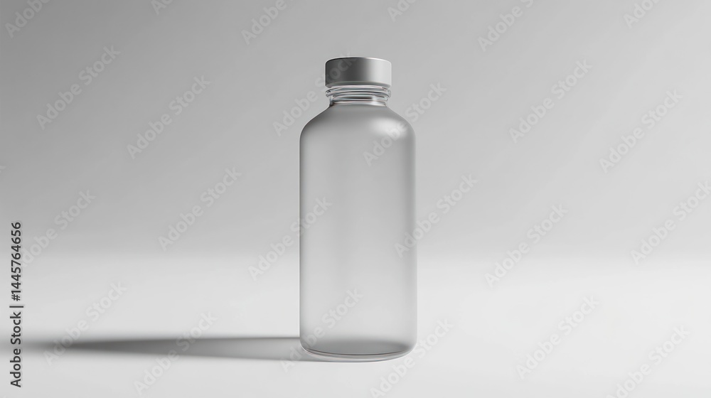 Elegant frosted clear glass bottle with a silver cap stands on a minimalist white surface. Elegant frosted clear glass bottle with a silver cap stands on a minimalist white surface.