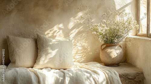 Rustic linen bedding in sunlit room