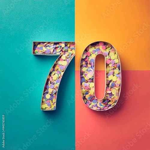Number 70 made out of confetti. Photo for seventieth birthday or anniversary party