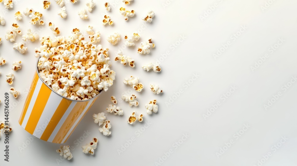 A creative flat lay of popcorn kernels arranged in the shape of a popcorn bucket, placed on a clean white background.