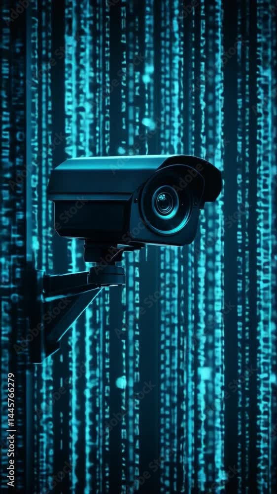 Surveillance camera records a vibrant urban environment with glowing blue lights creating a technological ambiance in the dark Surveillance camera records a vibrant urban environment with glowing blue lights creating a technological ambiance in the dark
