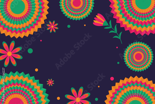 National Hispanic Heritage Month - vector background with round paper fans, flowers and confetti. Vector horizontal banner with copy space.