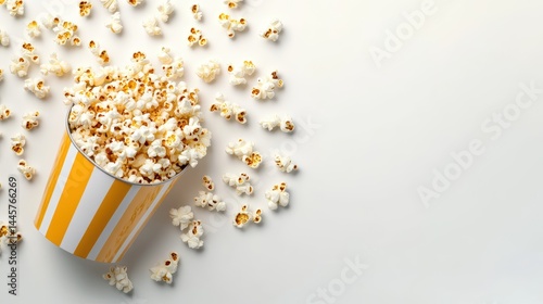 Obraz na płótnie A creative flat lay of popcorn kernels arranged in the shape of a popcorn bucket, placed on a clean white background. w salonie