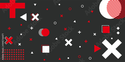Tableau sur toile A bold and dynamic abstract background features a scattered assortment of red and white geometric shapes and patterns against a dark charcoal canvas, creating a modern and energetic graphic design