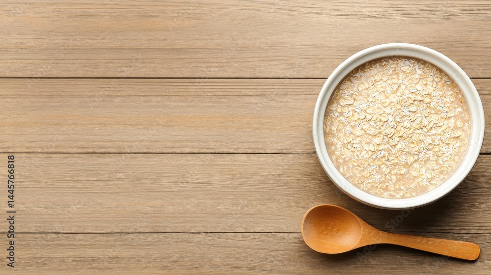 A bowl of whole grain oats with a wooden spoon placed beside it on a rustic wooden table, with soft natural lighting illuminating the scene.
