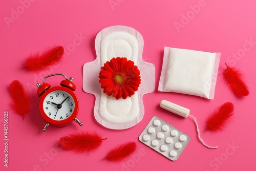 Feminine hygiene composition with menstrual pad tampon red flower pain relief pills and alarm clock on pink background symbolizing period care timing and health awareness