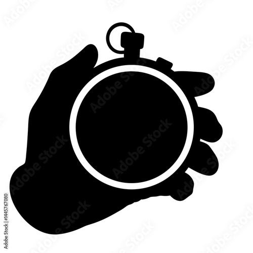 A Black Silhouette of a Hand Holding a Classic Stopwatch Timer