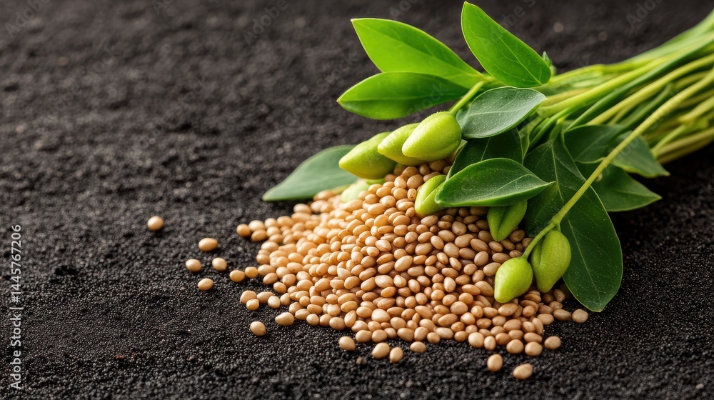 A bundle of freshly harvested sesame plants laid on the ground, showcasing their small seed pods and green leaves.