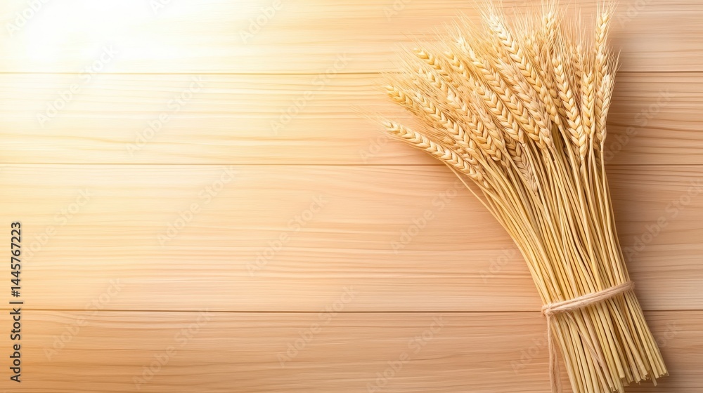 A bundle of wheat stalks arranged neatly on a rustic wooden table with soft sunlight filtering through.