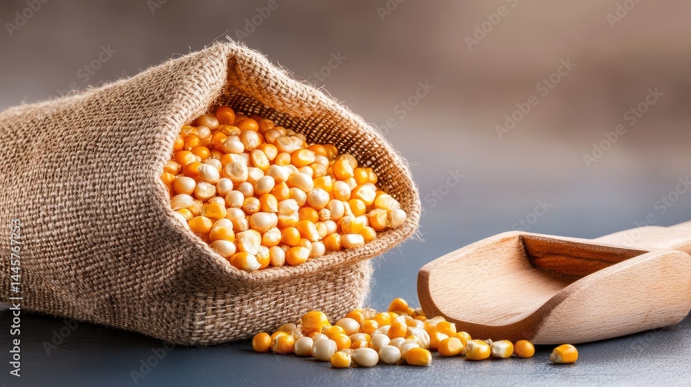A burlap grain sack, filled with corn kernels, placed beside a wooden scoop, highlighting its natural texture.