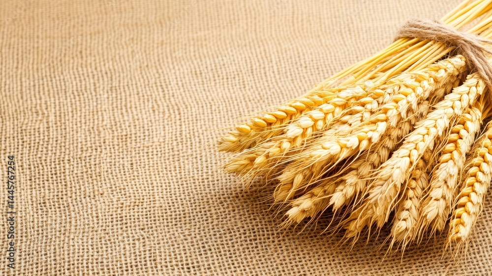 A bundle of golden wheat stalks tied together with twine, placed on a textured burlap background.