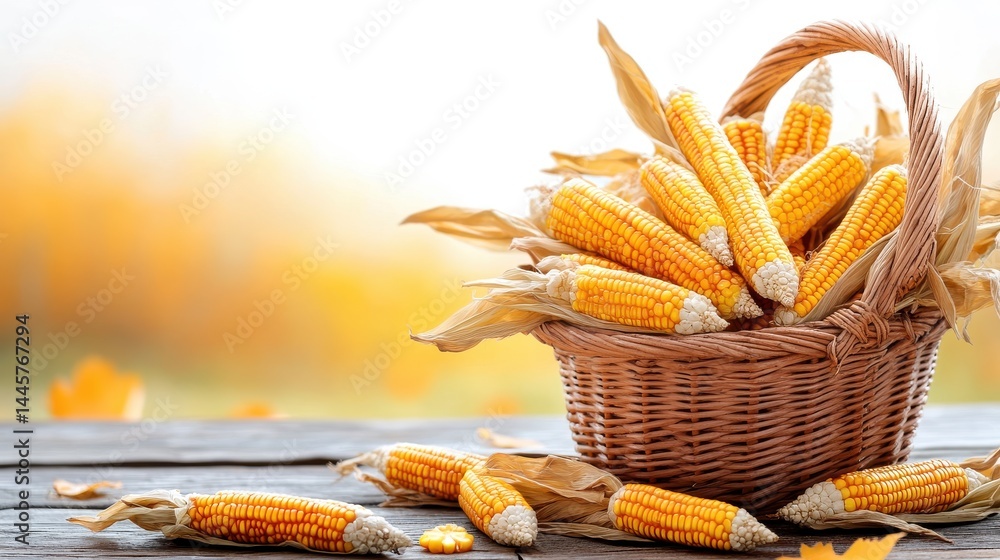 A basket full of dried Indian corn placed on a rustic wooden table, perfect for fall decorations.