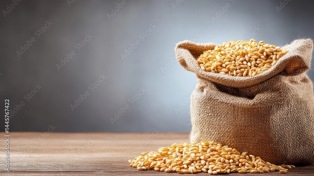 A burlap sack filled with golden barley grains, slightly spilling onto a rustic wooden surface, with a neutral background and copy space.