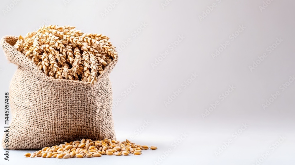 A burlap sack overflowing with barley grains, set against a simple white background, conveying a rustic and organic feel.